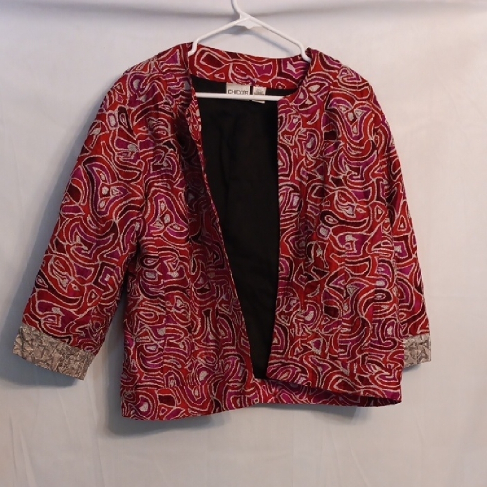 Chico's Red and Pink Patterned Women's Jacket Size 3